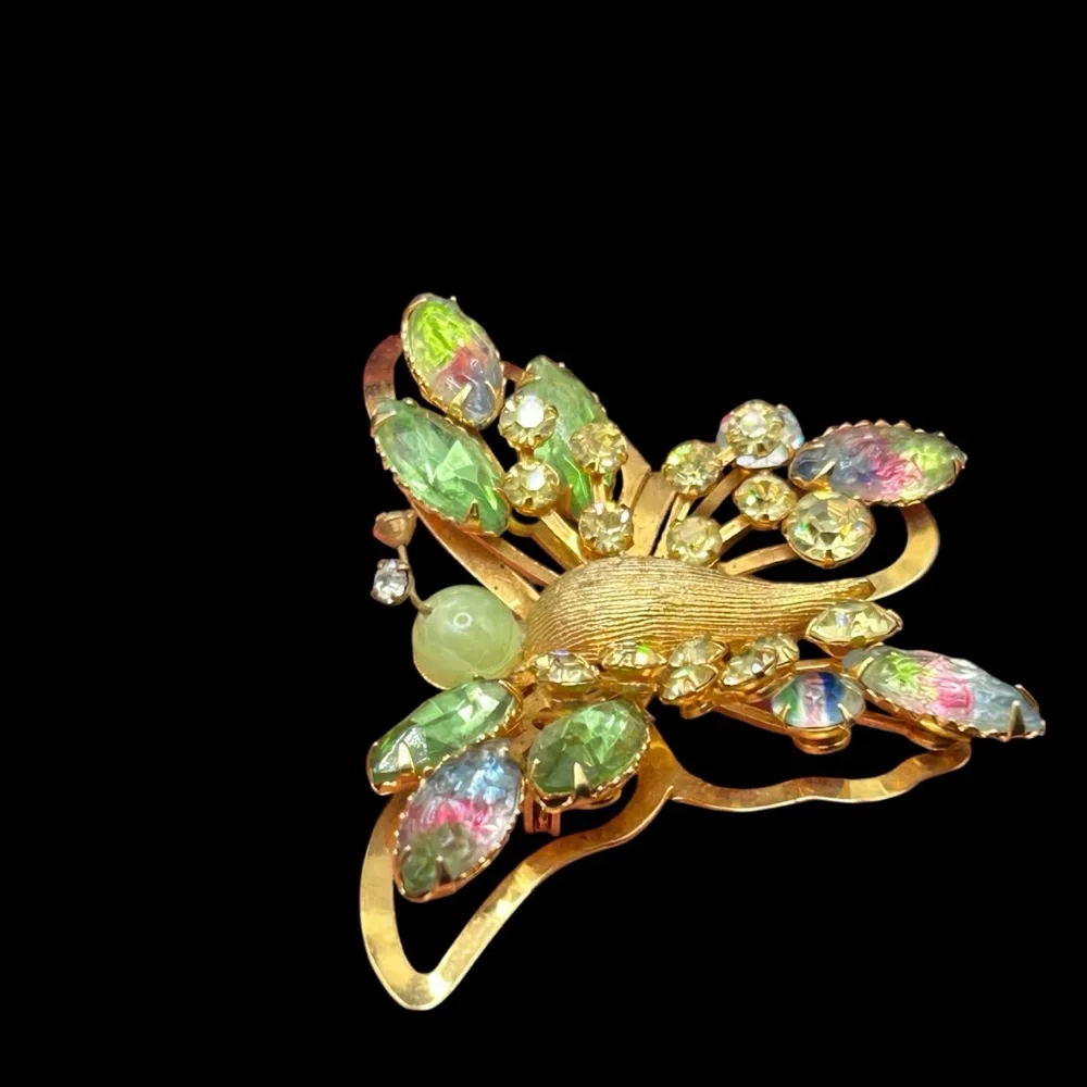 Vintage Selini Molded Iris Glass Rhinestone Butterfly Brooch